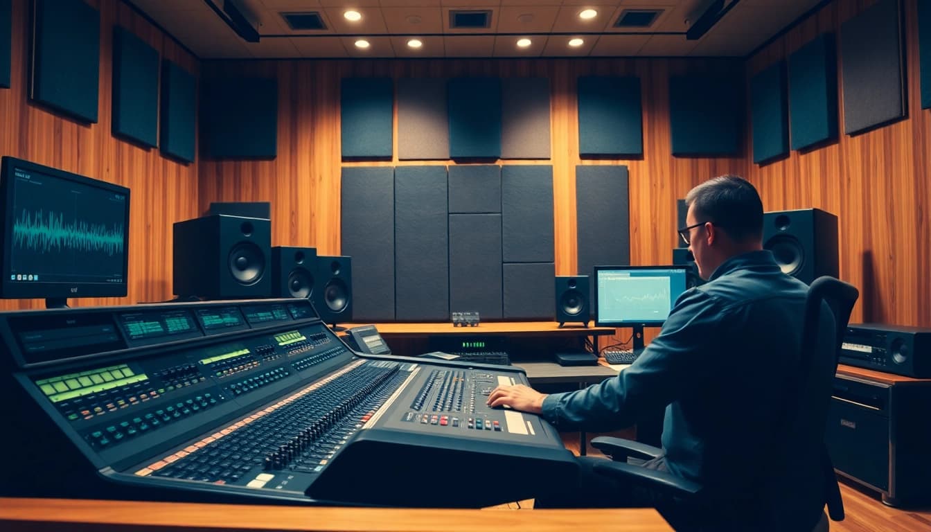 Engaged sound engineer perfecting online audio mastering in a sophisticated studio.