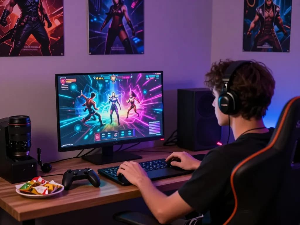 Exciting scene of a user playing mind control porn game on a laptop with colorful graphics.