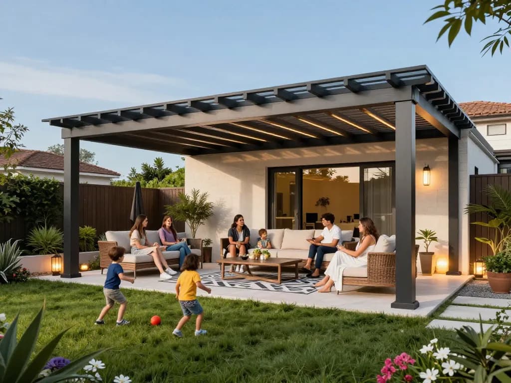 Engaging family moment under a stylish configuratore 3D per pergole, showcasing outdoor living enhancements.