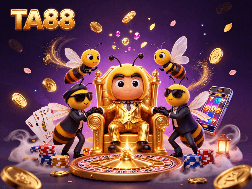 Experience excitement with TA88 in a vibrant casino scene featuring a bumblebee mob boss and gaming elements.