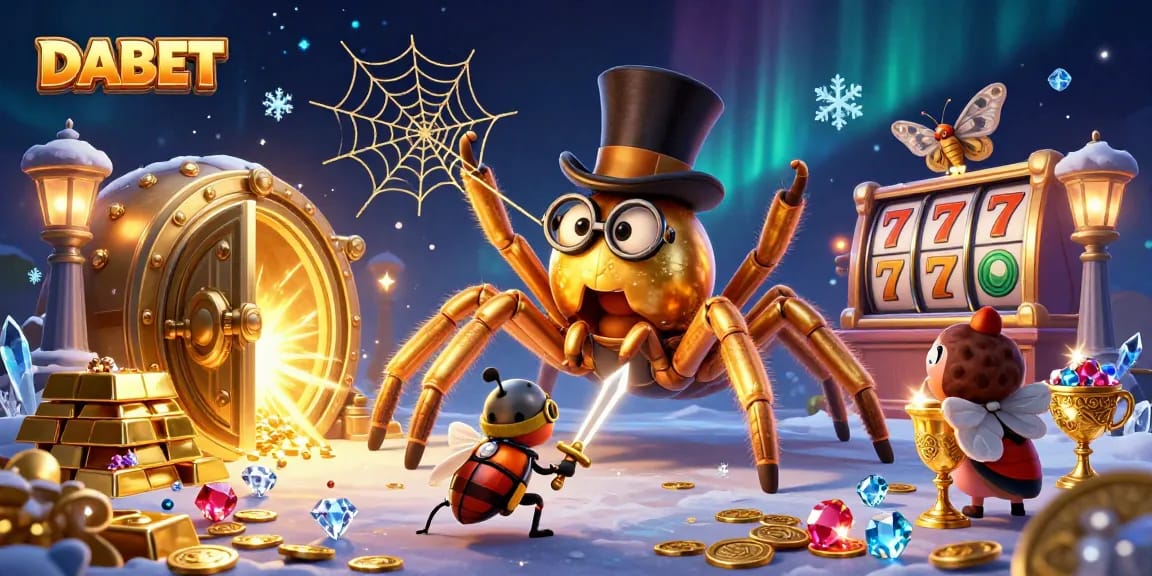 DABET offers an exciting casino experience with a 3D illustration of a golden tarantula and beetle knight gambling amidst treasures.
