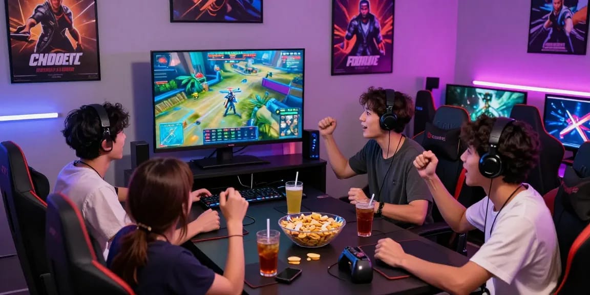 Komunitas gaming MEGAWIN88 saat bermain bersama, dikelilingi oleh dekorasi gaming yang meriah.