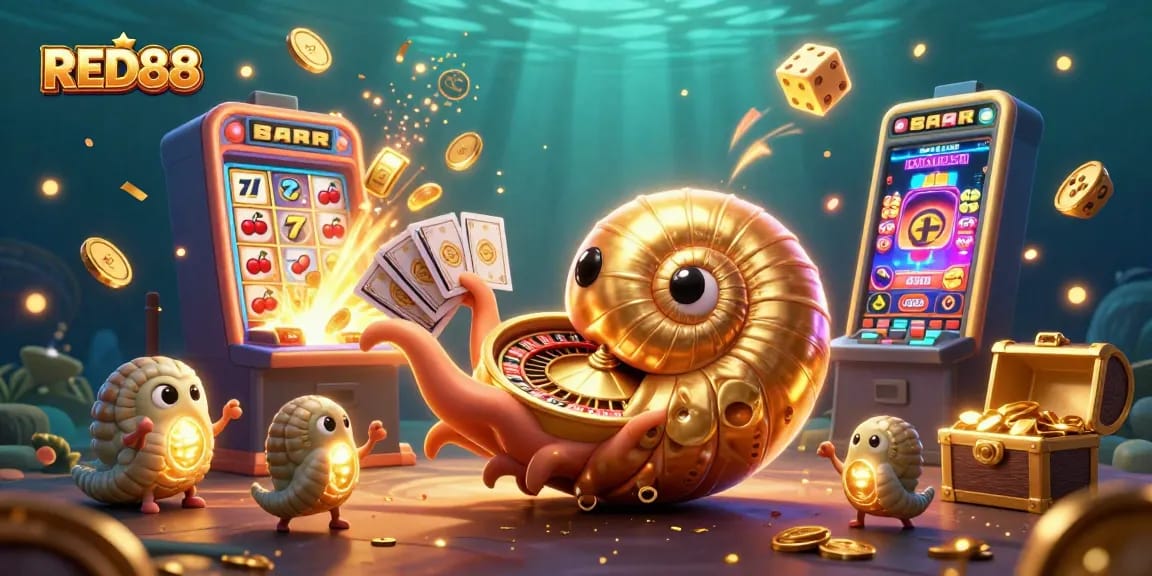Experience thrilling gameplay at RED88 with a vibrant decoration of epic casino elements and characters.