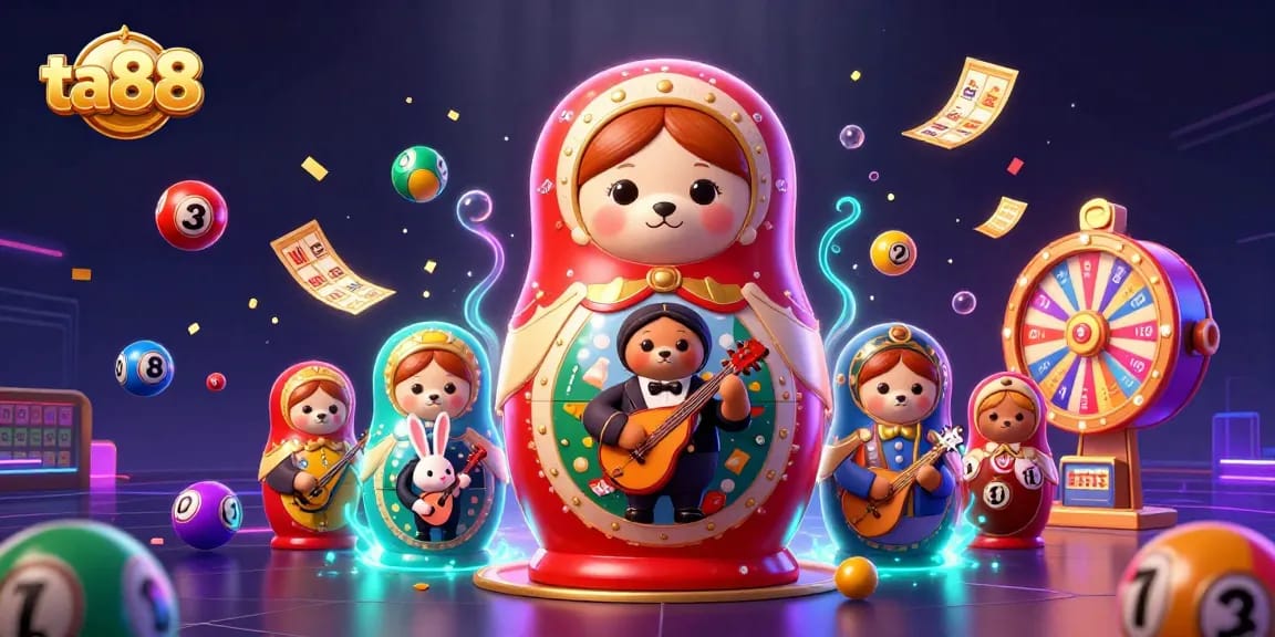 Engage in vibrant lottery fun with ta88 amid bouncing balls and cheerful characters.