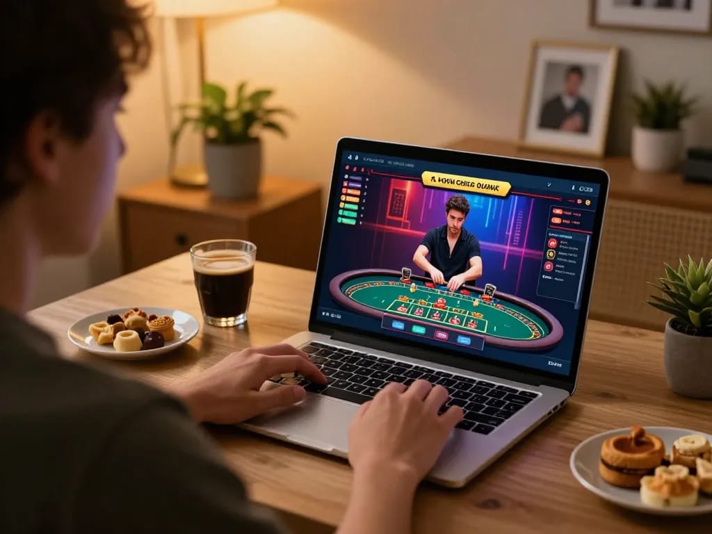 Experience the excitement of online gambling at https://mm88.vin/ with a player enjoying a live casino game at home
