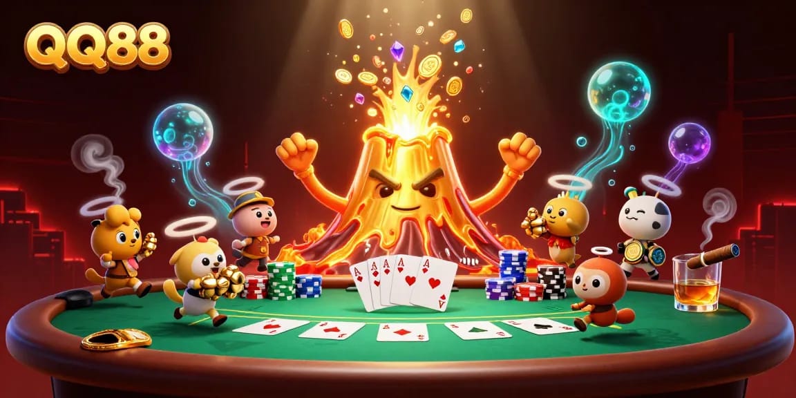 Experience the joy of QQ88 with a vibrant 3D casino scene featuring treasure, poker elements, and a golden volcano.