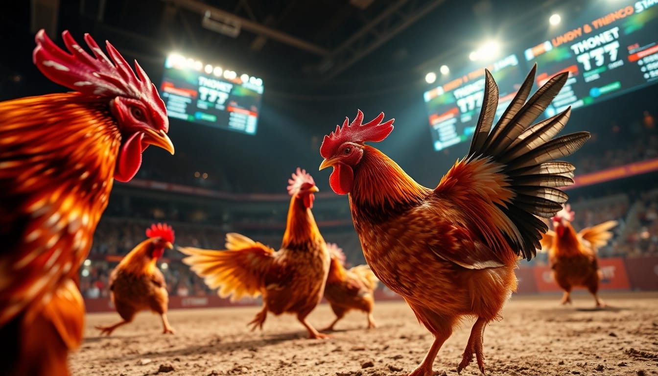 Experience đá gà trực tiếp bình luận viên hôm nay in a vibrant, live cockfighting atmosphere with action and excitement.
