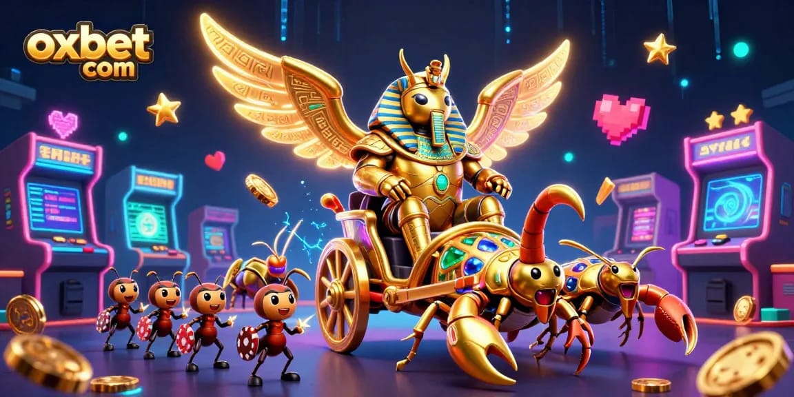 Engage in thrilling gameplay at oxbet com with a vibrant scene of casino elements and characters.