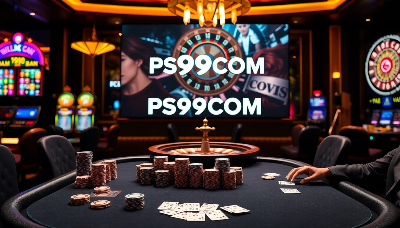 Experience high-stakes gaming at PS99COM with a luxurious poker table and vibrant casino ambiance.