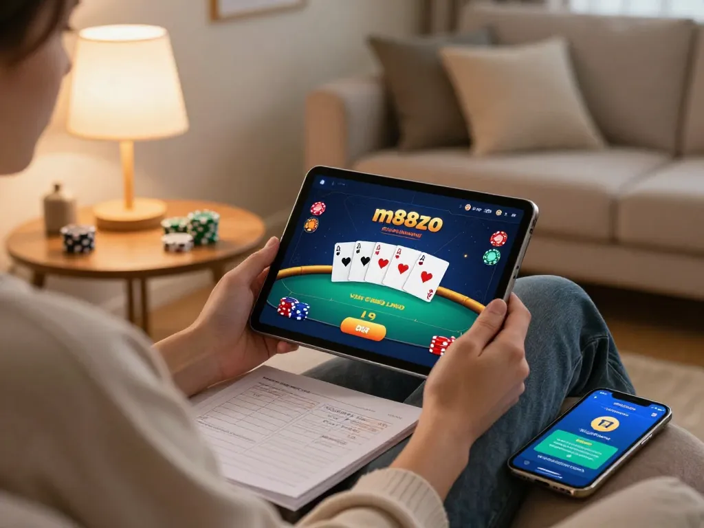 Player engaging with the m88zo casino app for poker on a cozy sofa.