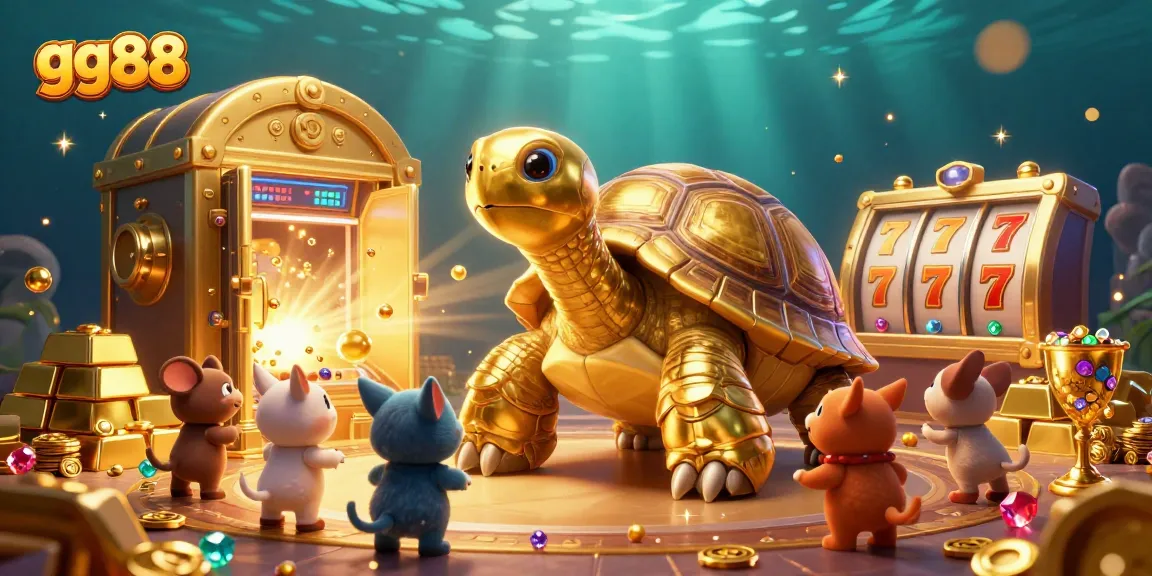 Play slots and win at gg88 with a golden tortoise pinball machine and treasure vault.