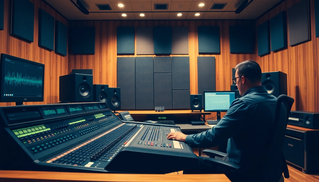 Engaged sound engineer perfecting online audio mastering in a sophisticated studio.