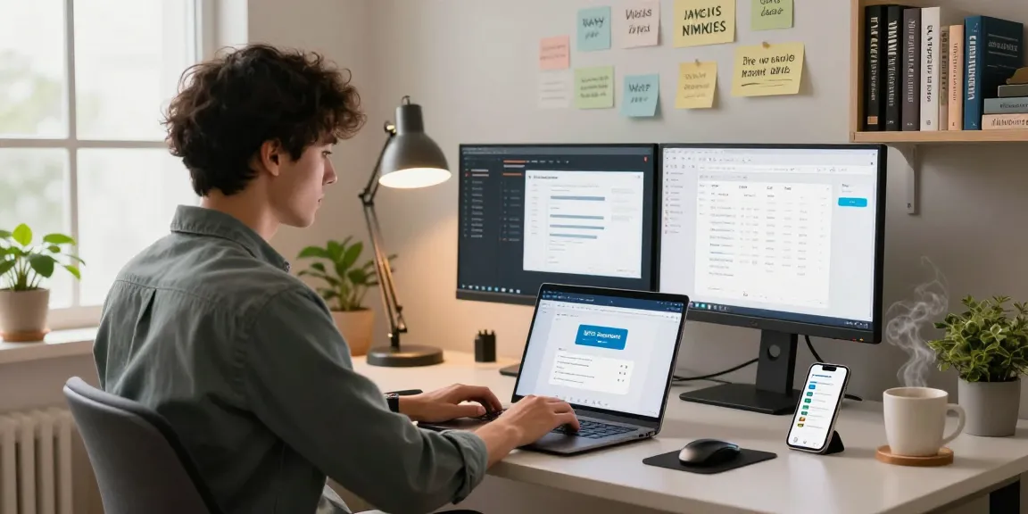 Professional workspace with WPS Download interface on screens and productivity tools.