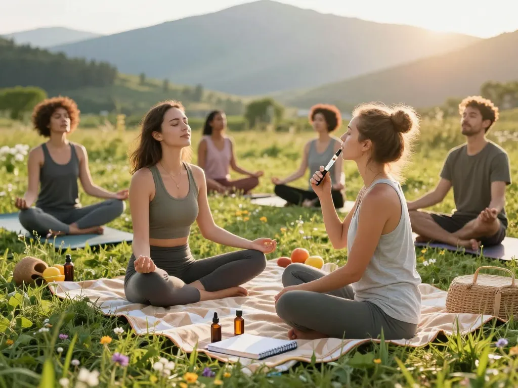 Vaporizzatori THC in uso tra un gruppo che pratica benessere all'aperto, che mostra estratto di canapa biologica e ambienti naturali.