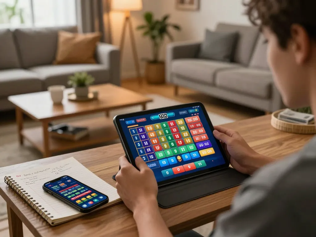 Engaging in 9 Lotto 4D online gaming on a tablet in a cozy living room.