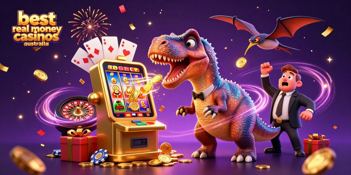 Experience the excitement of the best real money casinos Australia with a dinosaur headbutting a golden slot machine.