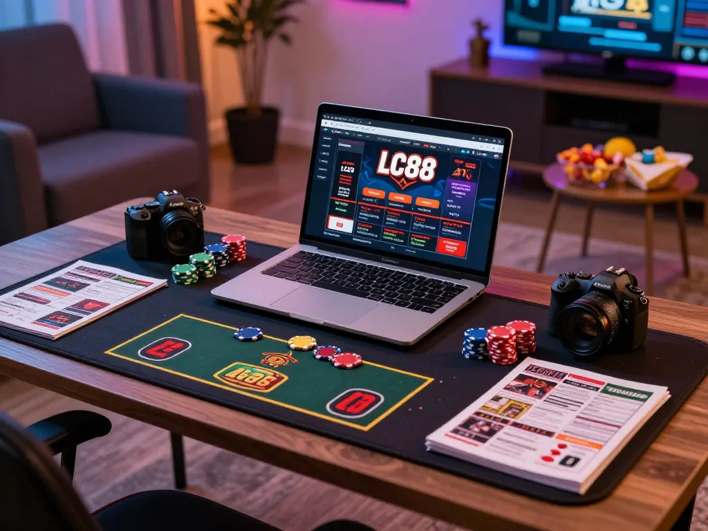 Player engaging with the LC88 online casino app on a laptop in a cozy home setup, promoting strategic gameplay.