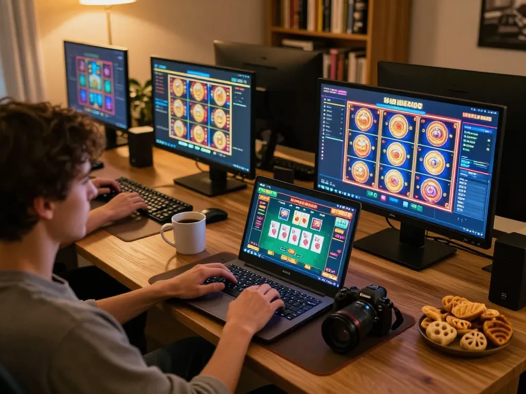 Person gaming on F88BET laptop at home, enjoying a cozy online casino experience