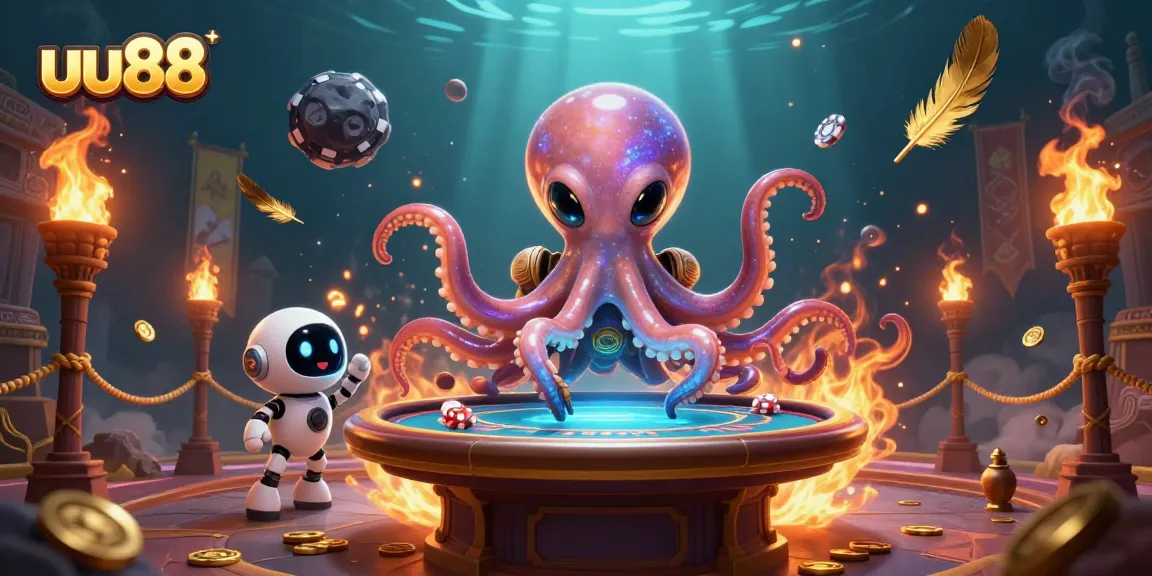 Engage in thrilling poker action at uu88 with an alien octopus masterfully managing a holographic table.