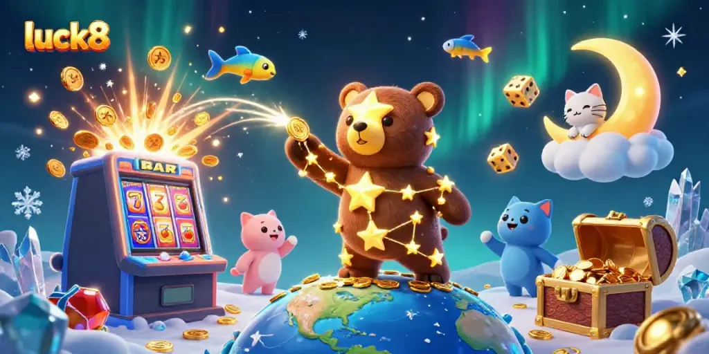 Experience jackpot excitement at Luck8 with vibrant 3D casino scenes featuring lucky symbols and gold coins.