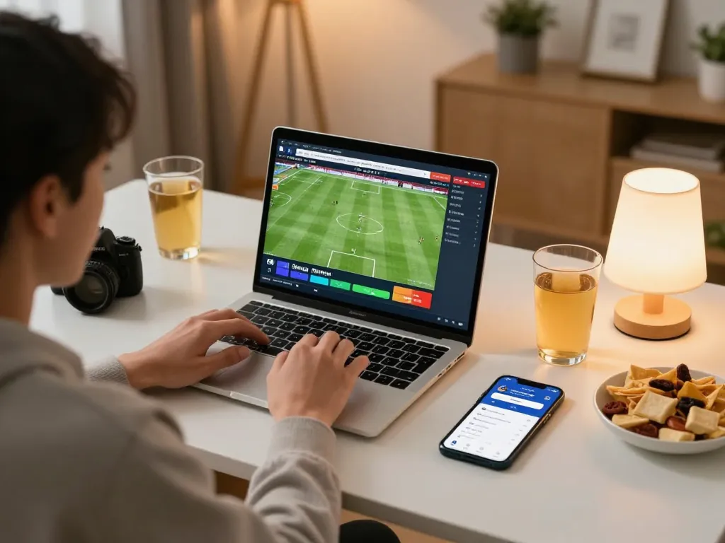 Socolive live sports betting scene with an engaged user analyzing game stats on a laptop