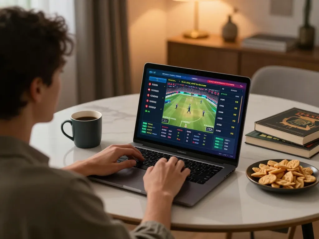 Tỷ lệ kèo trực tuyến displayed on a laptop, showcasing sports betting strategies in a cozy home setting.