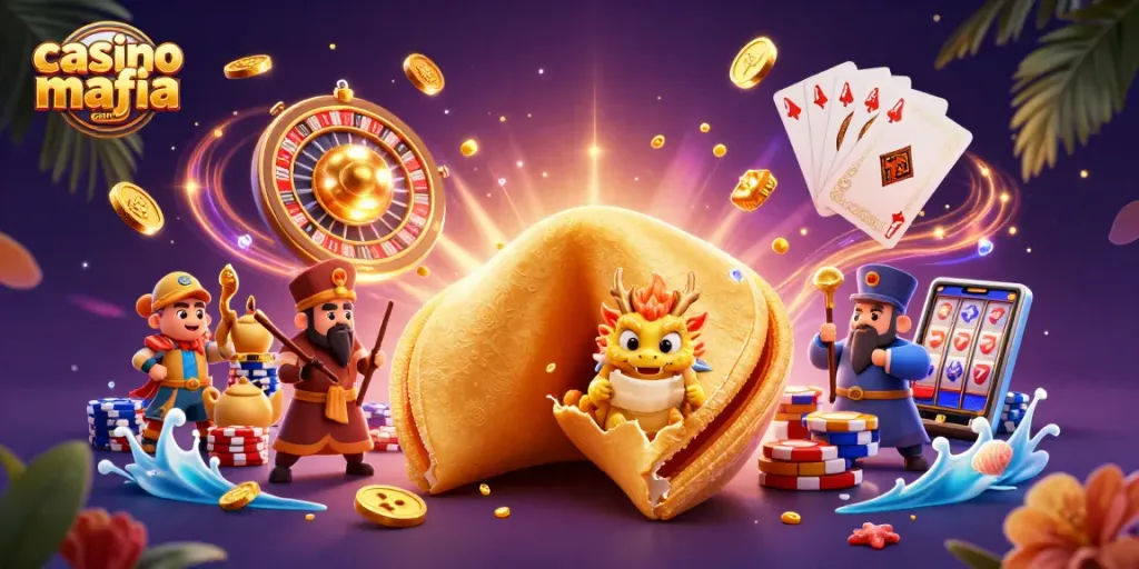 Cascading golden coins and vibrant gems surround a scene showcasing the casino mafia casino theme with exciting game elements.