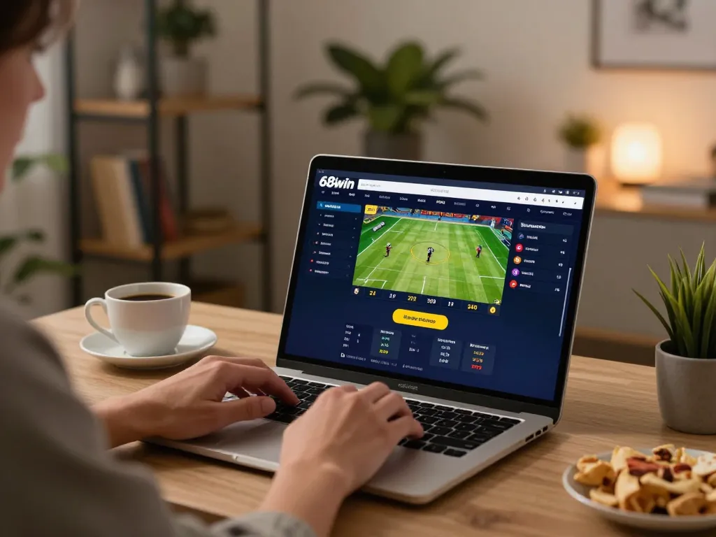 Engaging betting experience on 68win with a player reviewing live odds in a stylish home office