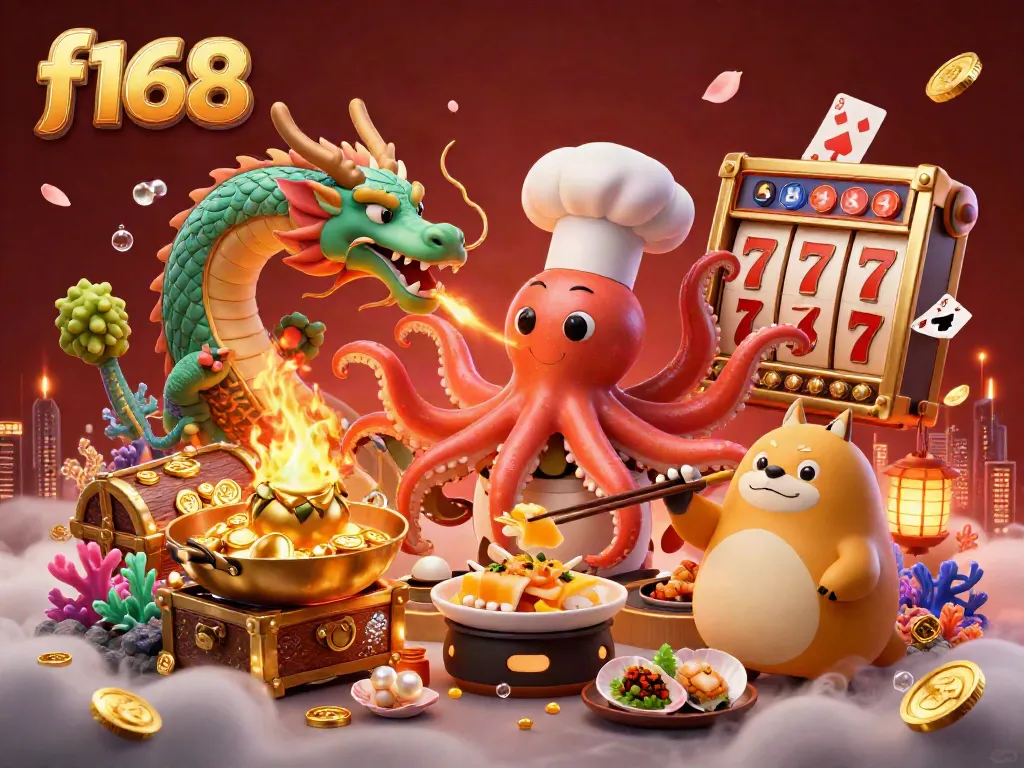 Engage in dynamic gameplay at f168 with a vibrant underwater casino scene featuring a sushi chef octopus and exciting game elements.