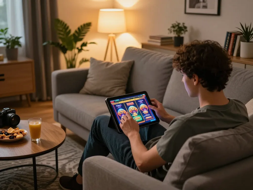 SX88 player enjoying an engaging online slot game on tablet in cozy living room.