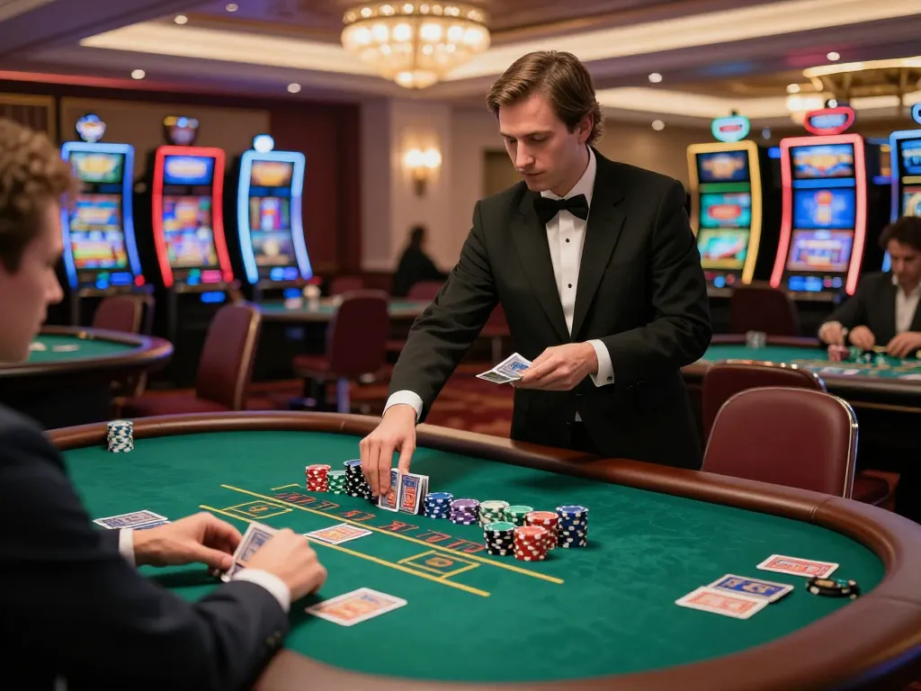 cm88z players strategizing at blackjack table in upscale casino with dealer and vibrant decor