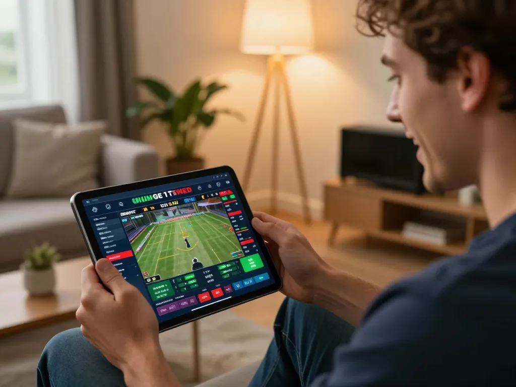 Engaging sports betting experience on a tablet with 99OK, featuring live game stats in a cozy home setting.