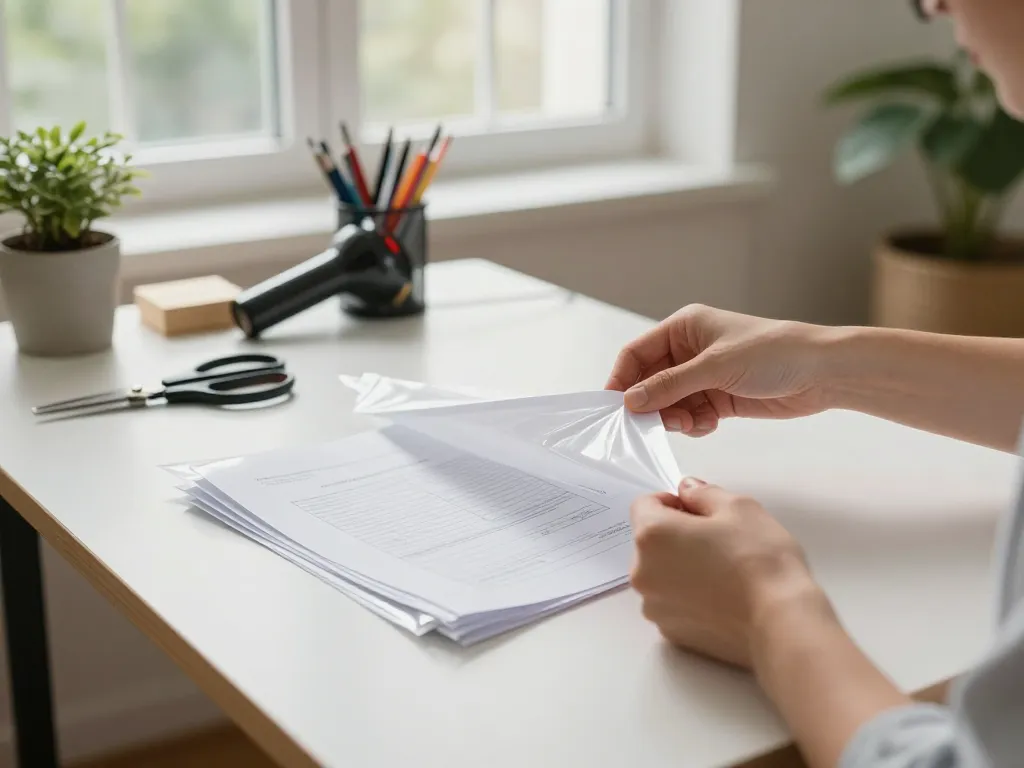 Tách lớp ép plastic from important documents in a bright home office setting.