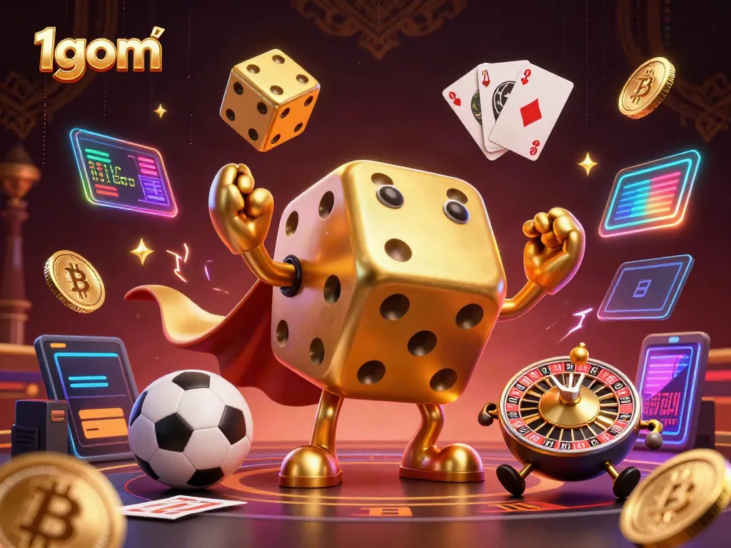 Engage in betting strategies with 1gom's vibrant sports-themed 3D illustration featuring dice and neon elements.