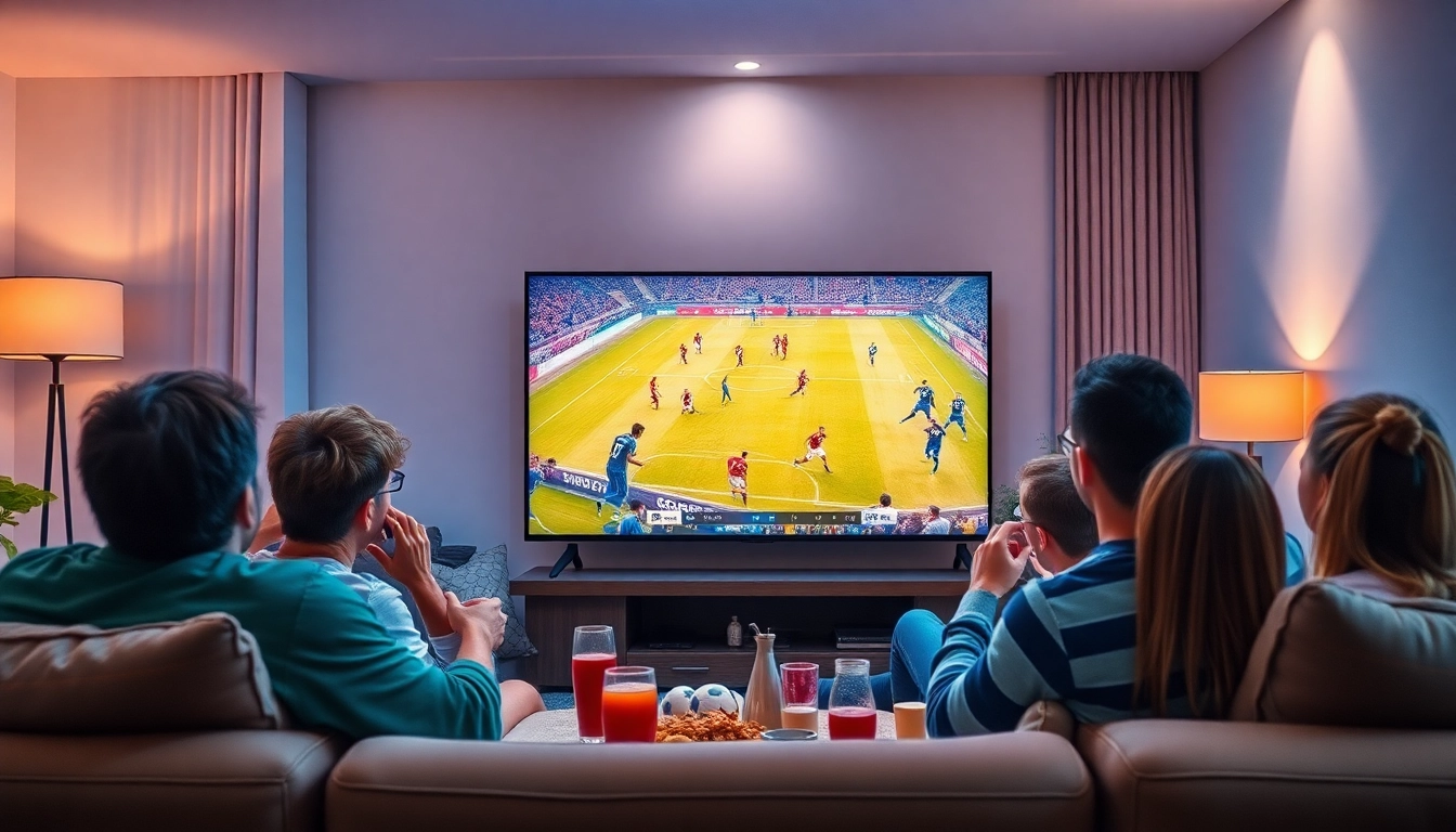 Exciting football fans enjoying a match live at https://okwintv.zone/ in a modern living room setting.