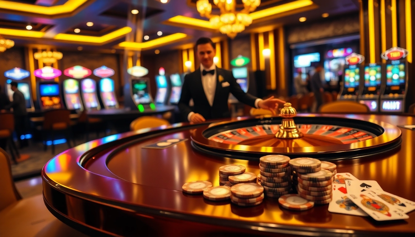 SC88 gaming table displaying poker chips and cards, showcasing a lively casino atmosphere.
