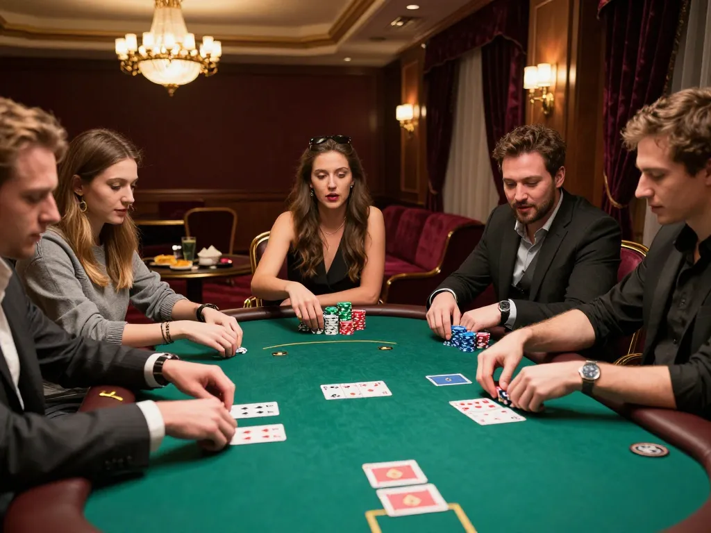 Friends enjoying a thrilling poker game at KJC, with chips and cards adding excitement to their strategy.