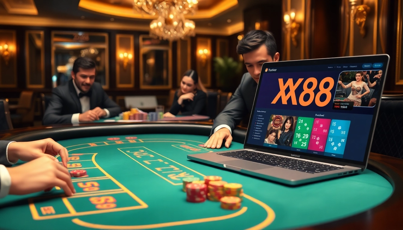 Players enjoying a Baccarat game at a luxurious casino table with XX88 branding enhancing the experience.