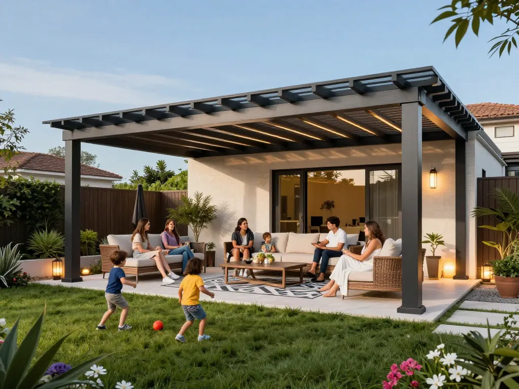 Engaging family moment under a stylish configuratore 3D per pergole, showcasing outdoor living enhancements.
