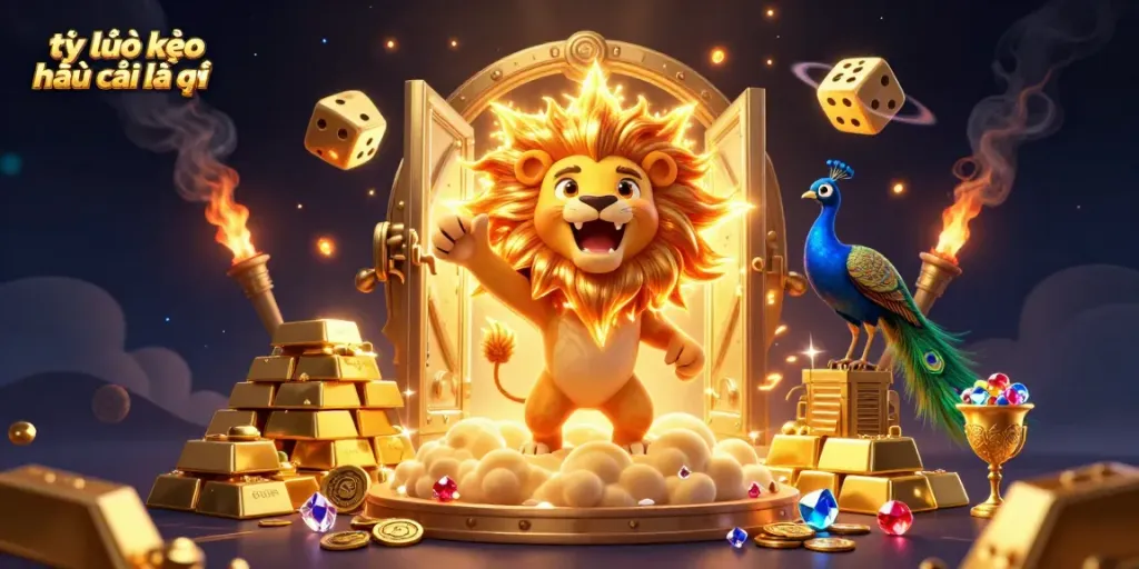 An engaging scene depicting the meaning of tỷ lệ kèo nhà cái là gì with a roaring sun lion, golden dice, and vibrant casino elements.