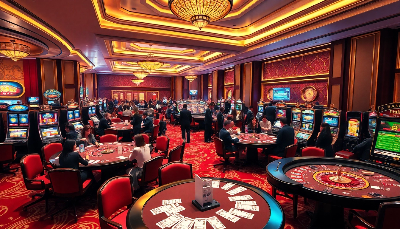 Excited players engaging in RR88 bet at a vibrant casino scene with tables, slots, and betting slips.