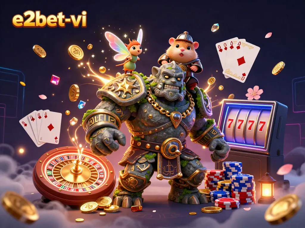 Engage in thrilling gameplay at e2bet-vi with an enchanting 3D scene filled with lively casino characters and game elements.