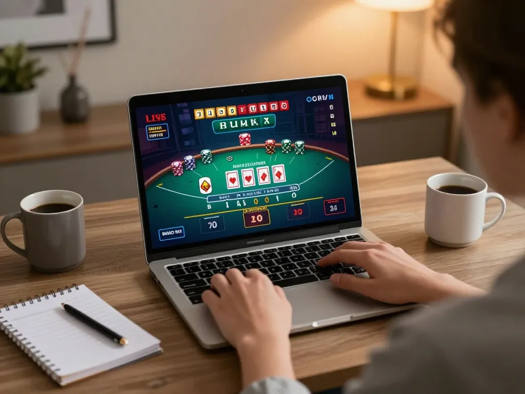 M88 player enjoying a live blackjack game on their laptop, showcasing an interactive online gaming experience.
