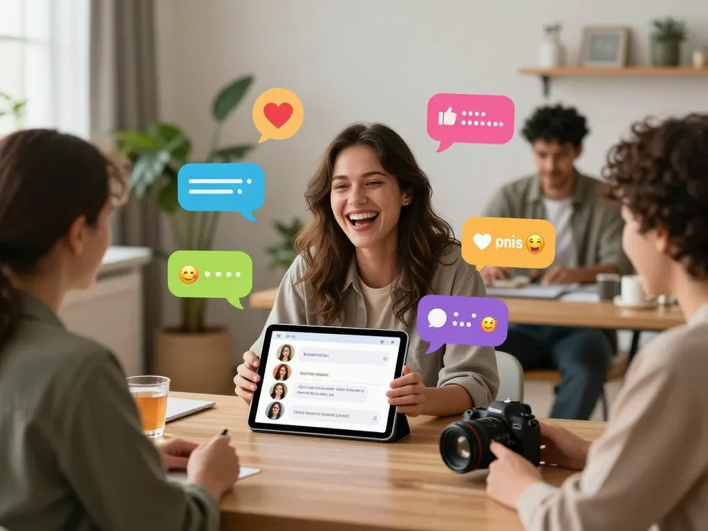 Engaging sex AI chat scene with diverse individuals enjoying playful online interactions through emotional avatars and technology.
