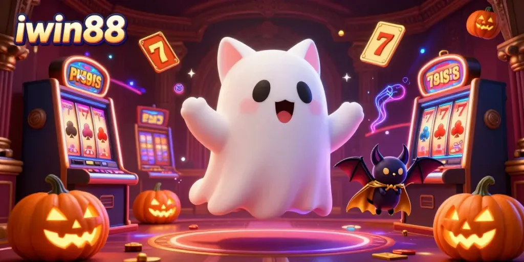 Play at iwin88 with a friendly ghost cat in a vibrant casino scene full of games.