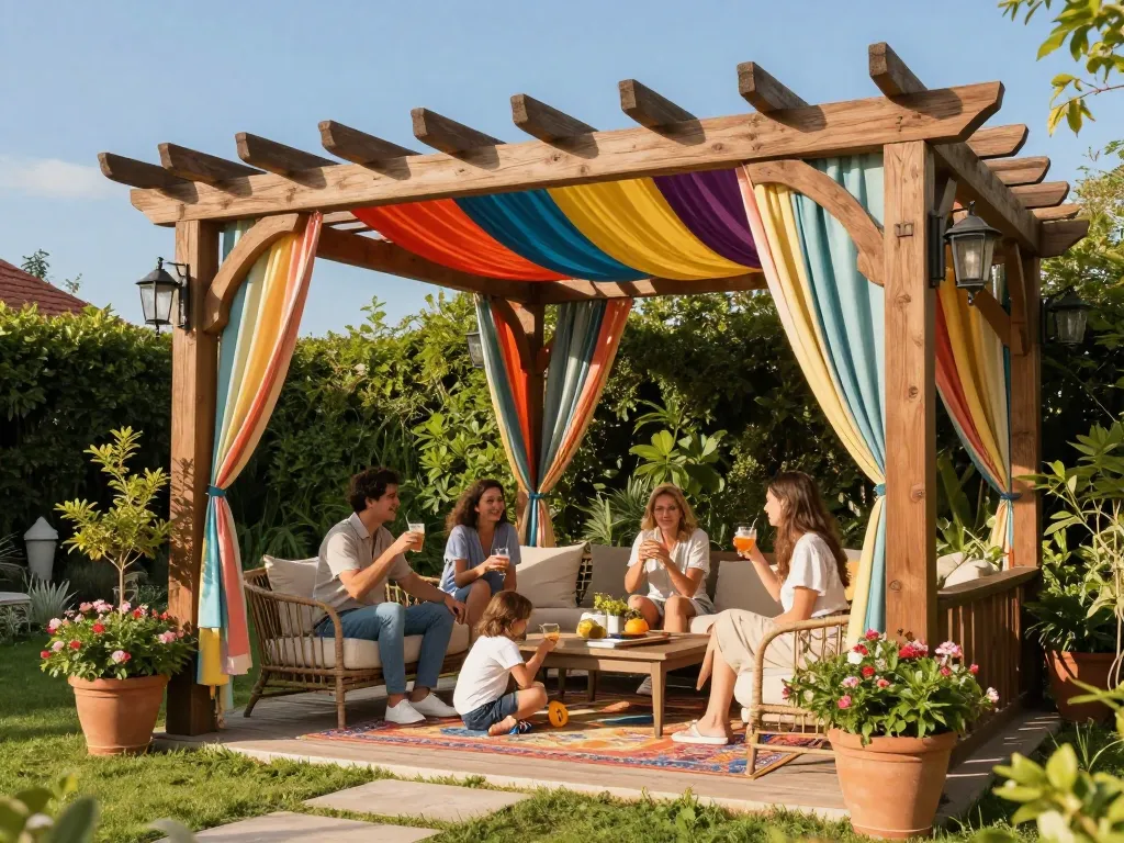Famiglia che si gode il tempo sotto una struttura di configuratore pergole con preventivo in un bel giardino.